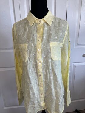 Lilly Pulitzer Linen Finch Yellow Button-Down Shirt Embroidery Daisies Small